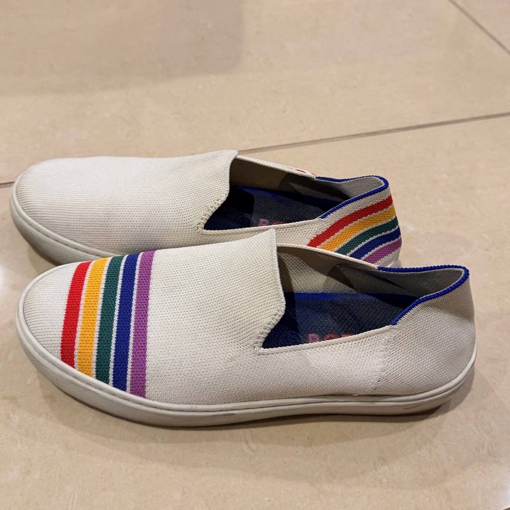 Rothy’s White Slip-On Shoes with Rainbow Stripes - Picture 3 of 7